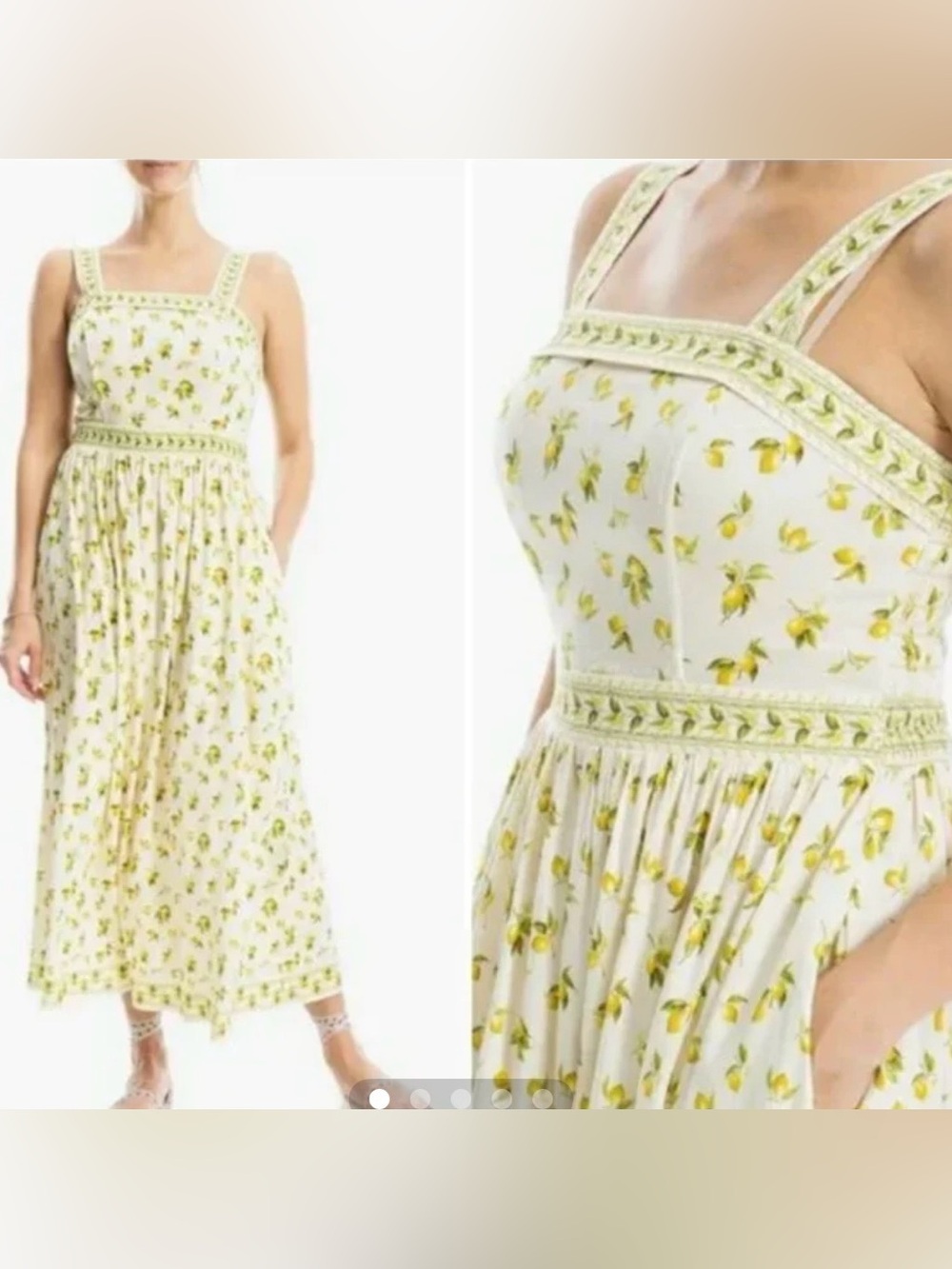 NWT Max Studio Lemon print Midi Dress with Green Floral Trim, size small